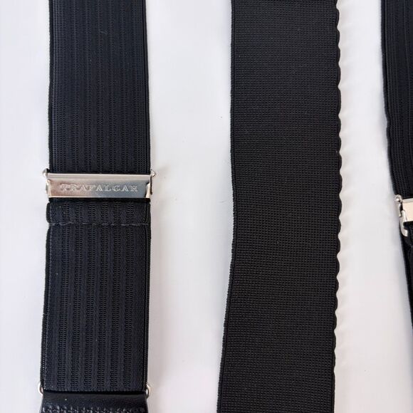 Trafalgar Suspenders Black Ribbed Y-Back Leather Button Loops Silver Hardware - Picture 3 of 4